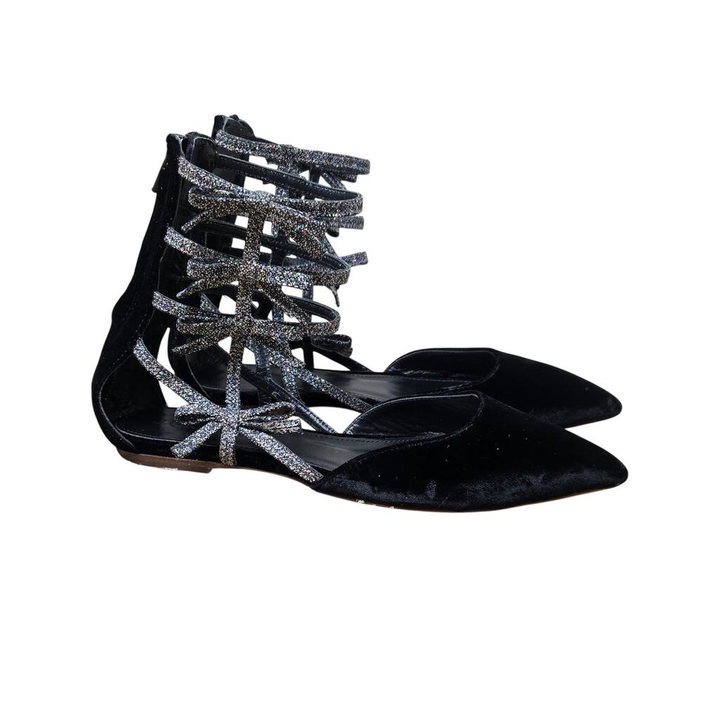 J. CREW Velvet Pointed Toe Gladiator Bow Flats Black/Glitter Size 6